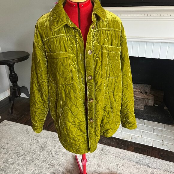 Crushed green velvet Shirt-Jacket ANTHROPOLOGIE Sz Large NWOT  Chartreuse - Picture 3 of 10